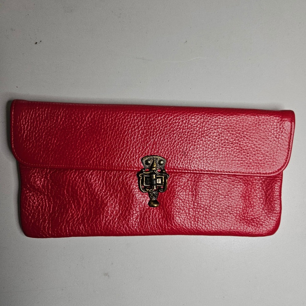 Vintage Red Pebbled Leather Clutch Ornate Brass Tiki Tribal Clasp Envelope Bag